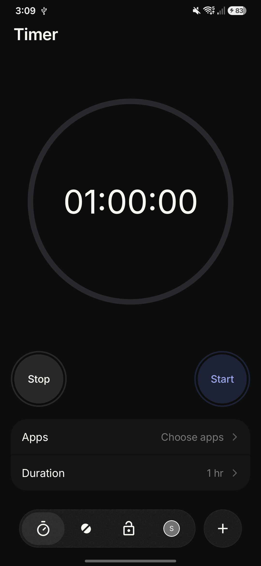 Stillpoint Timer screen with its app picker and duration controls